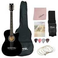 Henrix 38C PRO 38 Inch Bass Wood Cutaway Acoustic Guitar With Die-Cast Tuners, Dual-Action Truss Rod, Gig-Bag, Picks, String Set, String Winder, Strap & Polishing Cloth - Black