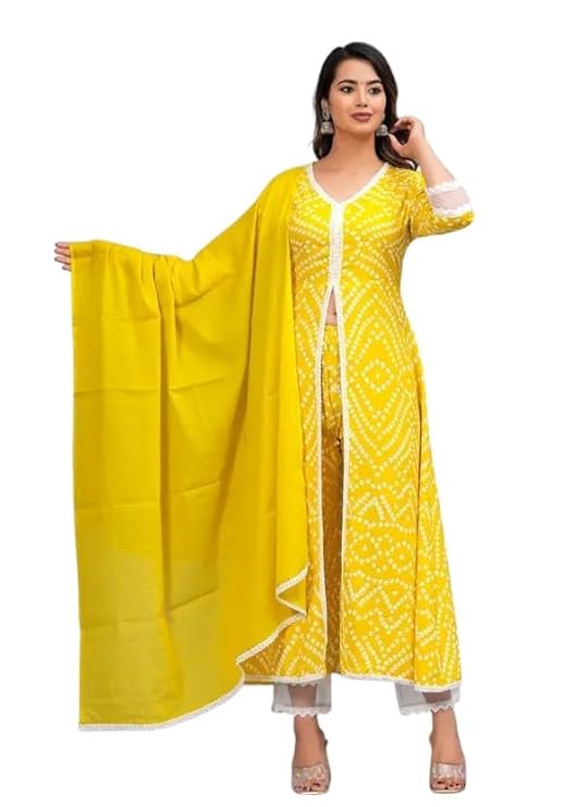 Women's Cotton Embroidered 3 Piece Printed Front Slit Kurta Pant & Dupatta Set