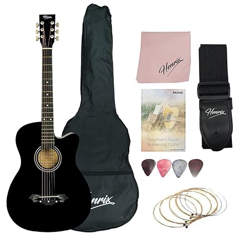 Henrix 38C PRO 38 Inch Bass Wood Cutaway Acoustic Guitar With Die-Cast Tuners, Dual-Action Truss Rod, Gig-Bag, Picks, String Set, String Winder, Strap & Polishing Cloth - Black