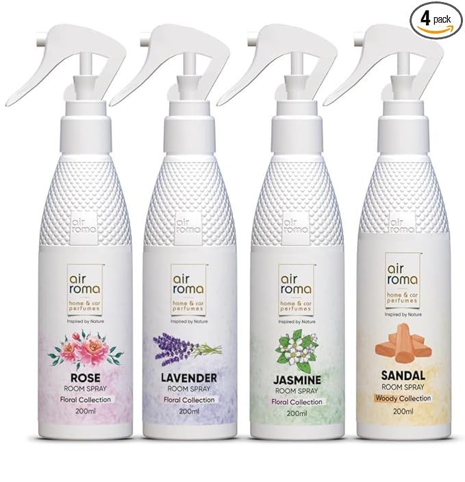 AIR-ROMA Air Freshener Spray Combo of 4 (200ml Each) | Rose, Jasmine, Sandal, Lavender Fragrances | Long-Lasting Odour Eliminator for Home, Hotel Rooms, Toilet & Office Use