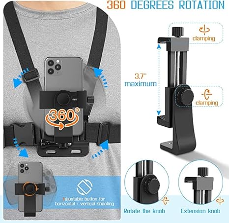 Sounce Mobile Phone Chest Strap Mount GoPro Chest Harness Holder for VLOG/POV Compatible with All Cell Phones and GoPro Hero 9, 8, 7, 6, 5,OSMO Action, AKASO and Other Action Camera