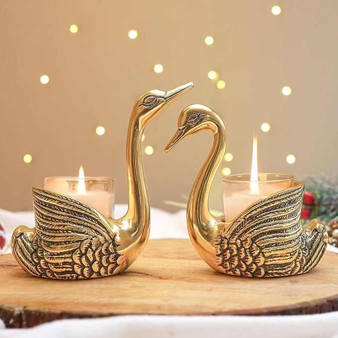 BEHOMA Aluminium Pair of Swans for Good Luck and Love | Candle Holder for Home Decor Tabletop Living Room | Showpiece for Gifting Anniversary | Wedding Gift (Candles/Plants Not Included),Gold