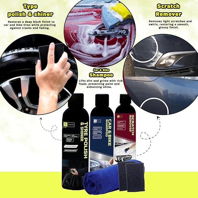 Wavex Car Polish Kit 12 Pcs | Includes Car Dashboard Polish, Car Wax, Tyre Polish, Car Shampoo, Windshield Washer & Car Freshener, Scratch Remover, 2 Cloths, 3 Applicators - Car Washing Kit